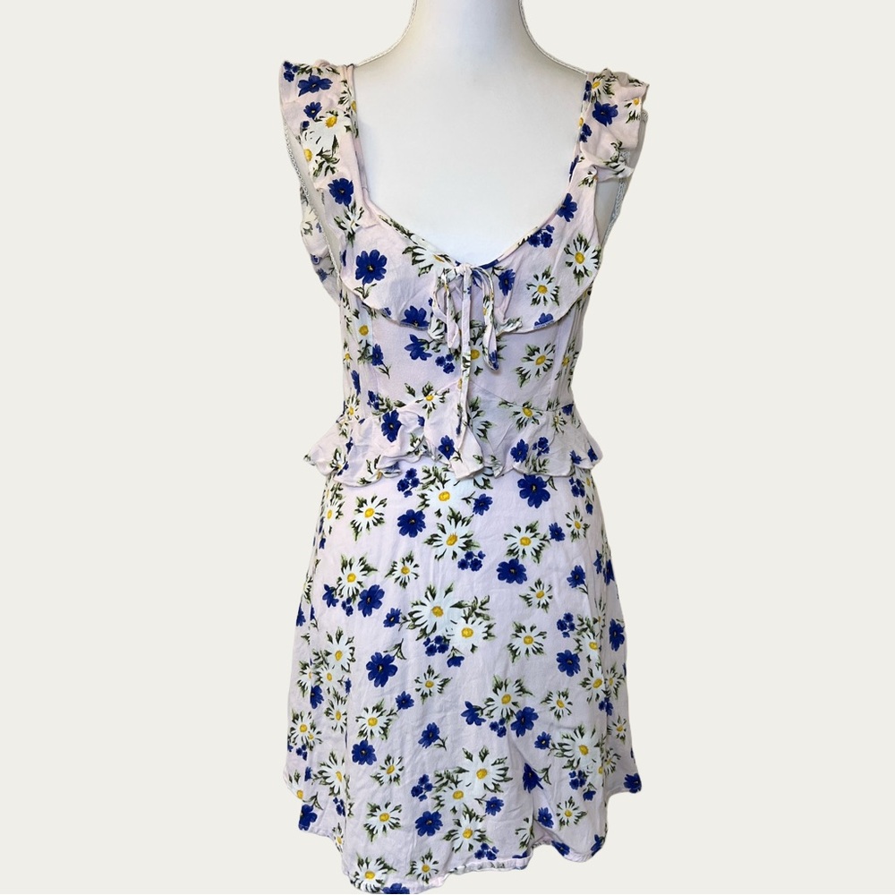 Forever 21 Baby Pink , Blue‎ and Yellow Ruffle Floral Mini Dress Low Back Size S